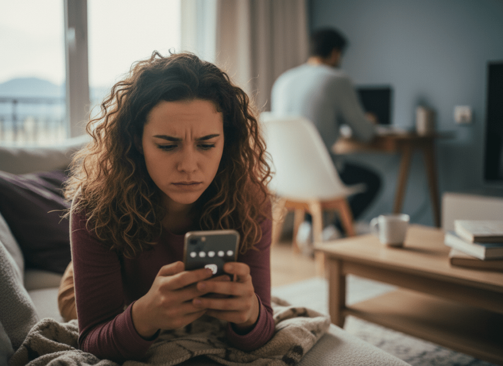 Why Women Delete Instagram in Relationships: A young woman sitting on a couch holding a smartphone, looking conflicted and em